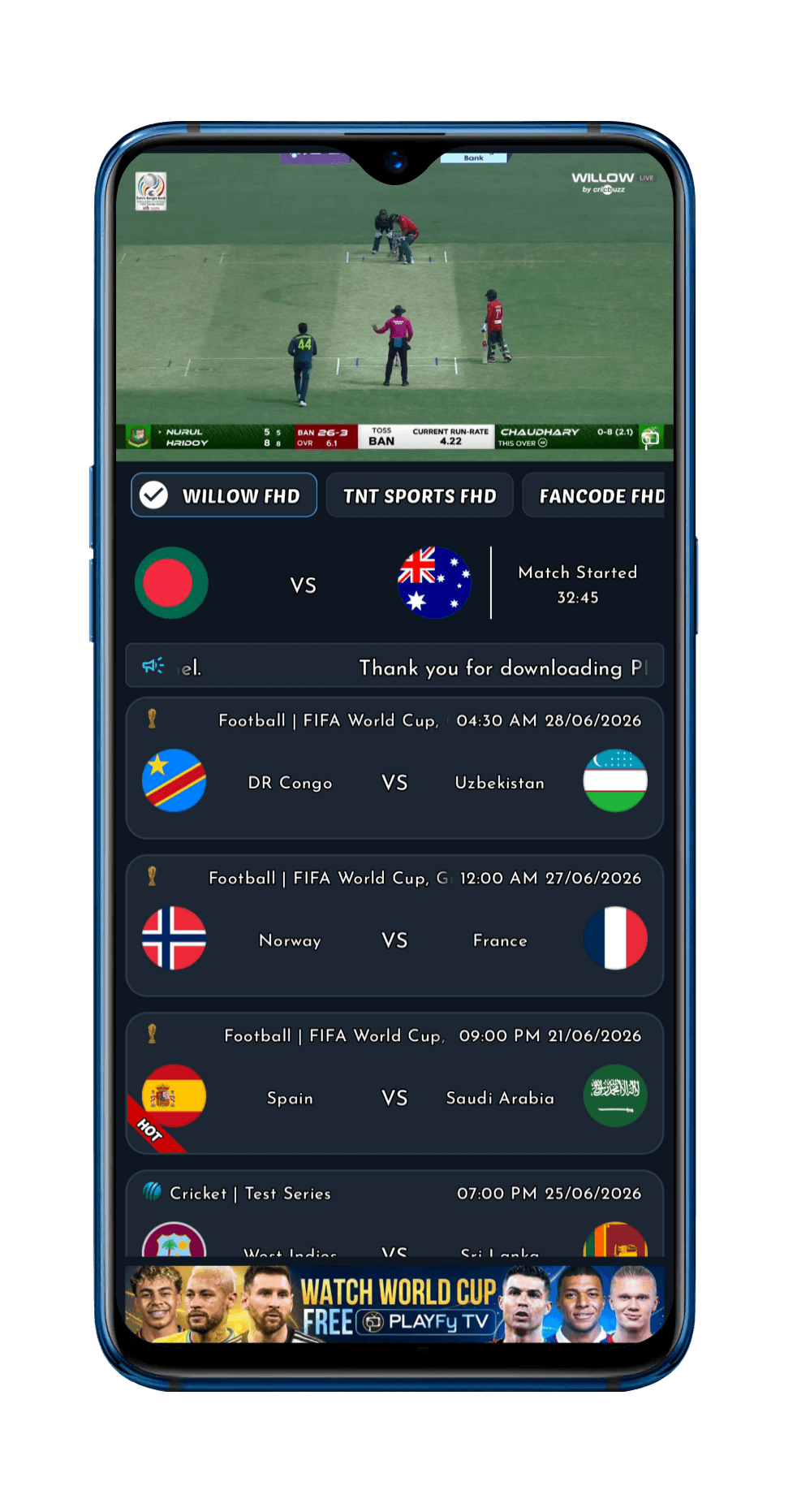 Live Cricket, Football, Kabaddi, and Tennis in HD
